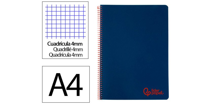 Cuaderno espiral liderpapel a4 wonder tapa plastico 80h 90gr cuadro 4mm con margen color azul marino