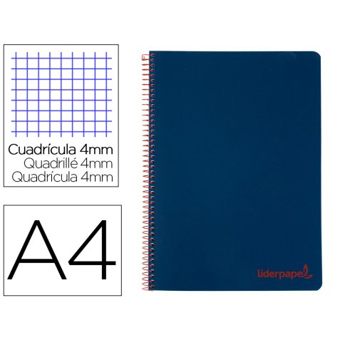 Cuaderno espiral liderpapel a4 wonder tapa plastico 80h 90gr cuadro 4mm con margen color azul marino