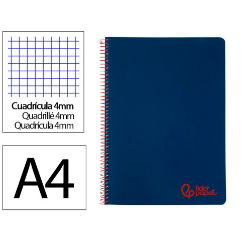 Cuaderno espiral liderpapel a4 wonder tapa plastico 80h 90gr cuadro 4mm con margen color azul marino