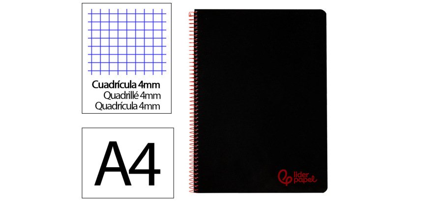 Cuaderno espiral liderpapel a4 wonder tapa plastico 80h 90gr cuadro 4mm con margen color negro