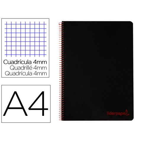 Cuaderno espiral liderpapel a4 wonder tapa plastico 80h 90gr cuadro 4mm con margen color negro