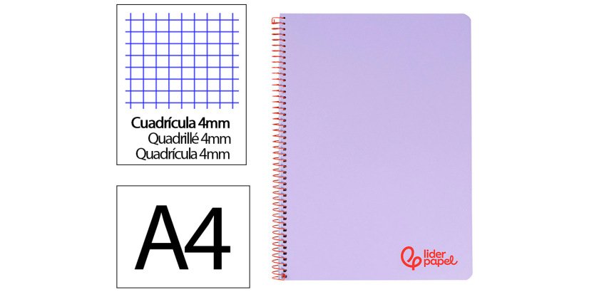 Cuaderno espiral liderpapel a4 wonder tapa plastico 80h 90gr cuadro 4mm con margen color violeta