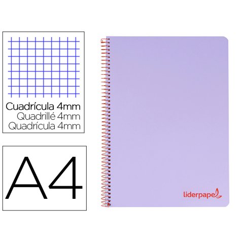 Cuaderno espiral liderpapel a4 wonder tapa plastico 80h 90gr cuadro 4mm con margen color violeta