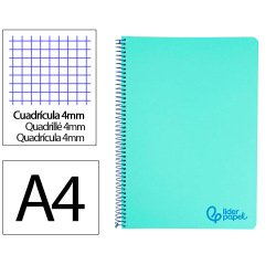 Cuaderno espiral liderpapel a4 wonder tapa plastico 80h 90gr cuadro 4mm con margen color verde pastel