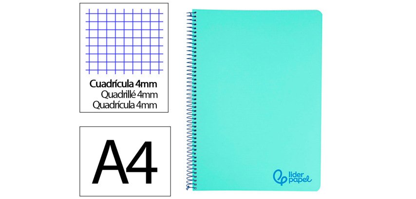 Cuaderno espiral liderpapel a4 wonder tapa plastico 80h 90gr cuadro 4mm con margen color verde pastel