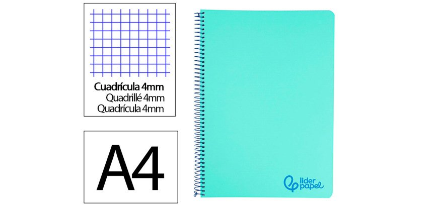 Cuaderno espiral liderpapel a4 wonder tapa plastico 80h 90gr cuadro 4mm con margen color verde pastel