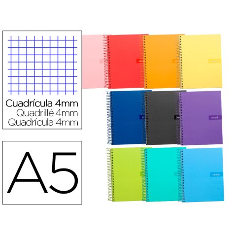 Cuaderno espiral liderpapel a5 crafty tapa forrada 80h 90 gr cuadro 4mm con margen colores surtidos