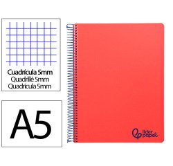 Cuaderno espiral liderpapel a5 micro wonder tapa plastico 120h 90gr cuadro 5mm 5 bandas 6 taladros color rojo