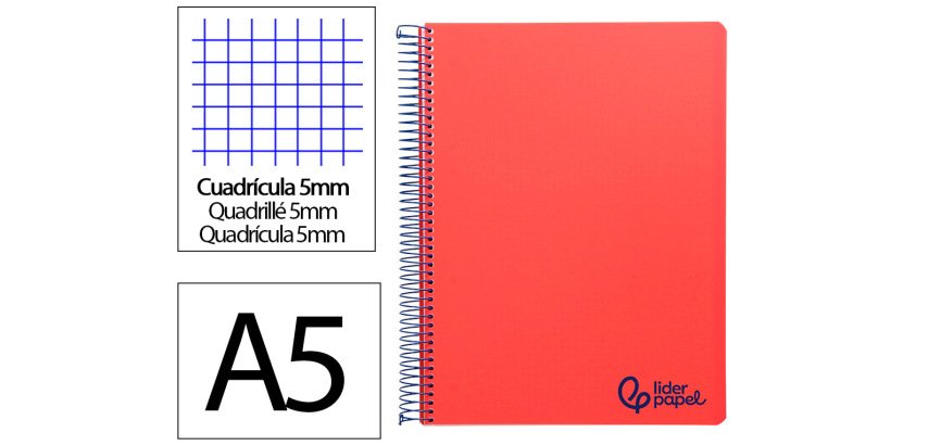 Cuaderno espiral liderpapel a5 micro wonder tapa plastico 120h 90gr cuadro 5mm 5 bandas 6 taladros color rojo