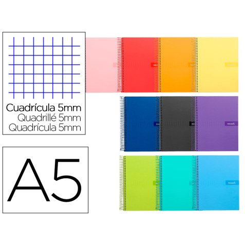 Cuaderno espiral liderpapel a5 crafty tapa forrada 80h 90 gr cuadro 5mm con margen colores surtidos