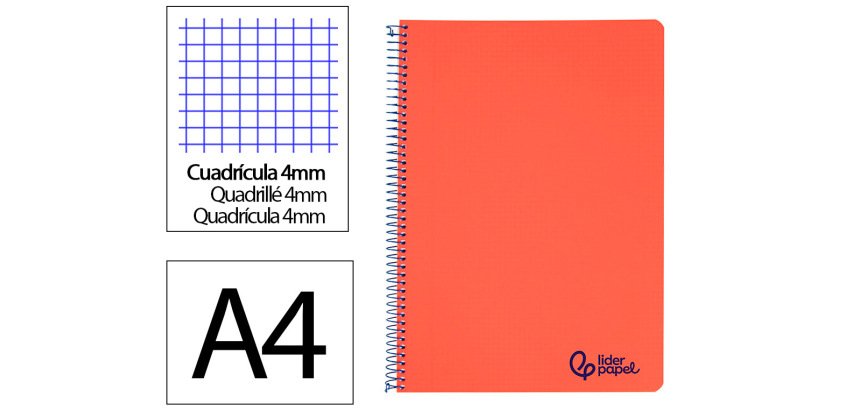 Cuaderno espiral liderpapel a4 wonder tapa plastico 80h 90gr cuadro 4mm con margen color rojo