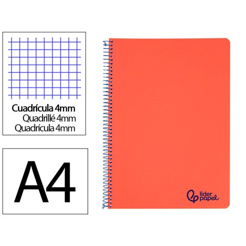 Cuaderno espiral liderpapel a4 wonder tapa plastico 80h 90gr cuadro 4mm con margen color rojo