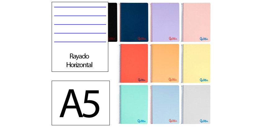 Cuaderno espiral liderpapel a5 wonder tapa plastico 80h 90gr rayado horizontal con margen colores surtidos