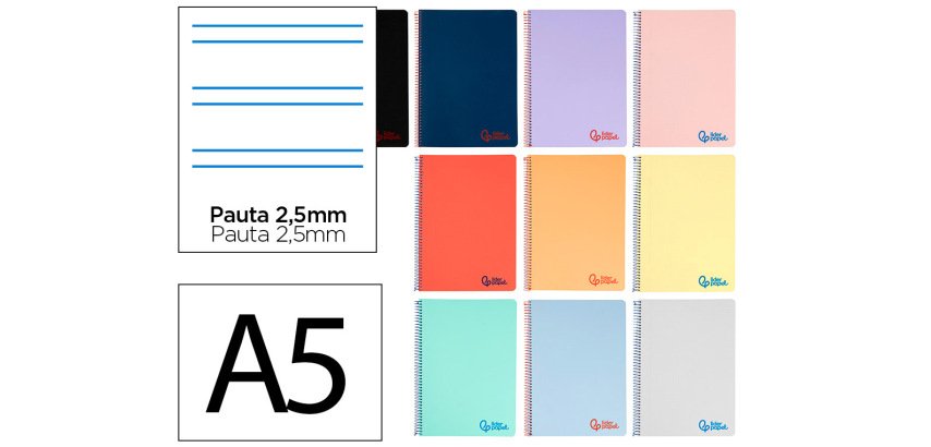 Cuaderno espiral liderpapel a5 wonder tapa plastico 80h 90gr pauta estrecha 2,5mm con margen colores surtidos
