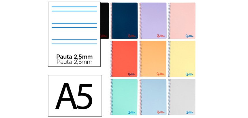 Cuaderno espiral liderpapel a5 wonder tapa plastico 80h 90gr pauta estrecha 2,5mm con margen colores surtidos