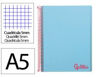 Cuaderno espiral liderpapel a5 micro wonder tapa plastico 120h 90gr cuadro 5mm 5 bandas 6 taladros color celeste