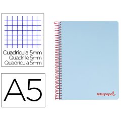 Cuaderno espiral liderpapel a5 micro wonder tapa plastico 120h 90g cuadro 5mm 5 bandas 6 taladros color celeste