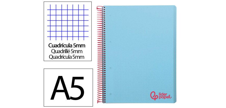 Cuaderno espiral liderpapel a5 micro wonder tapa plastico 120h 90gr cuadro 5mm 5 bandas 6 taladros color celeste