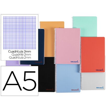 Cuaderno espiral liderpapel a5 wonder tapa plastico 80h 90g milimetrado 2mm colores surtidos