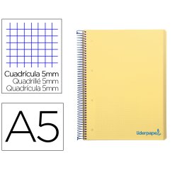 Cuaderno espiral liderpapel a5 micro wonder tapa plastico 120h 90gr cuadro 5mm 5 bandas 6 taladros color amarillo