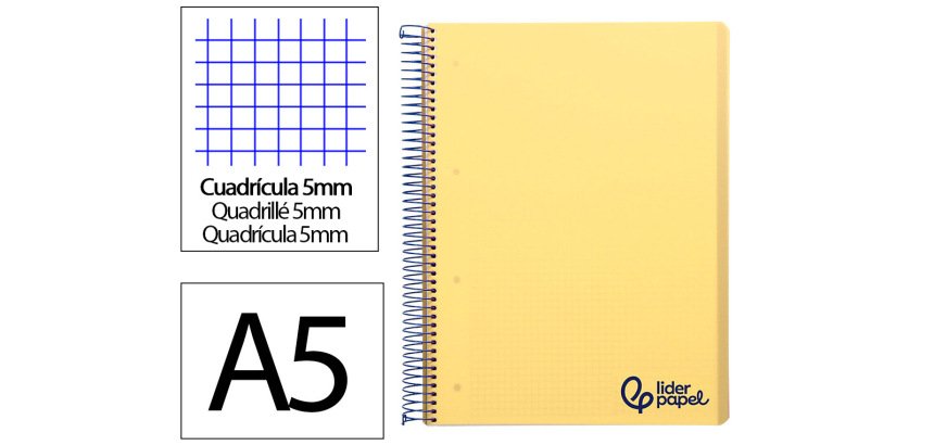 Cuaderno espiral liderpapel a5 micro wonder tapa plastico 120h 90gr cuadro 5mm 5 bandas 6 taladros color amarillo