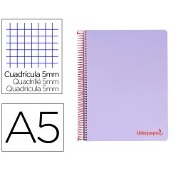 Cuaderno espiral liderpapel a5 micro wonder tapa plastico 120h 90gr cuadro 5mm 5 bandas 6 taladros color violeta