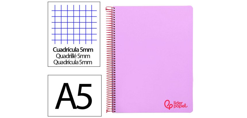 Cuaderno espiral liderpapel a5 micro wonder tapa plastico 120h 90gr cuadro 5mm 5 bandas 6 taladros color violeta