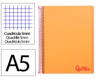Cuaderno espiral liderpapel a5 micro wonder tapa plastico 120h 90gr cuadro 5mm 5 bandas 6 taladros color naranja
