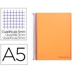 Cuaderno espiral liderpapel a5 micro wonder tapa plastico 120h 90g cuadro 5mm 5 bandas 6 taladros color naranja
