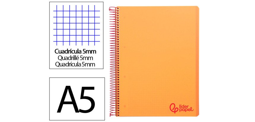 Cuaderno espiral liderpapel a5 micro wonder tapa plastico 120h 90gr cuadro 5mm 5 bandas 6 taladros color naranja