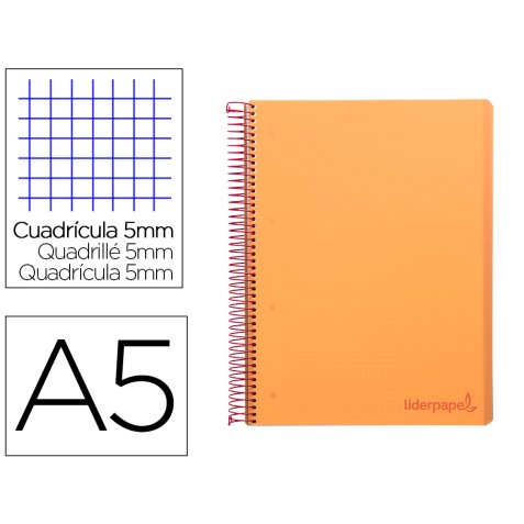 Cuaderno espiral liderpapel a5 micro wonder tapa plastico 120h 90g cuadro 5mm 5 bandas 6 taladros color naranja