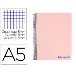 Cuaderno espiral liderpapel a5 micro wonder tapa plastico 120h 90gr cuadro 5mm 5 bandas 6 taladros color rosa