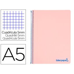 Cuaderno espiral liderpapel a5 micro wonder tapa plastico 120h 90g cuadro 5mm 5 bandas 6 taladros color rosa