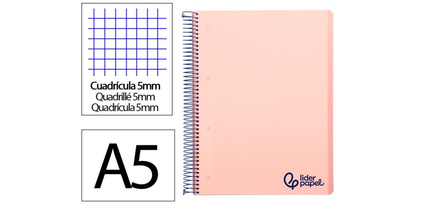 Cuaderno espiral liderpapel a5 micro wonder tapa plastico 120h 90gr cuadro 5mm 5 bandas 6 taladros color rosa