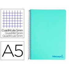 Cuaderno espiral liderpapel a5 micro wonder tapa plastico 120h 90g cuadro 5mm 5 bandas 6 taladros color verde