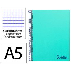 Cuaderno espiral liderpapel a5 micro wonder tapa plastico 120h 90gr cuadro 5mm 5 bandas 6 taladro color verde turquesa