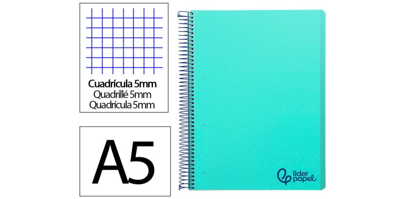 Cuaderno espiral liderpapel a5 micro wonder tapa plastico 120h 90gr cuadro 5mm 5 bandas 6 taladro color verde turquesa