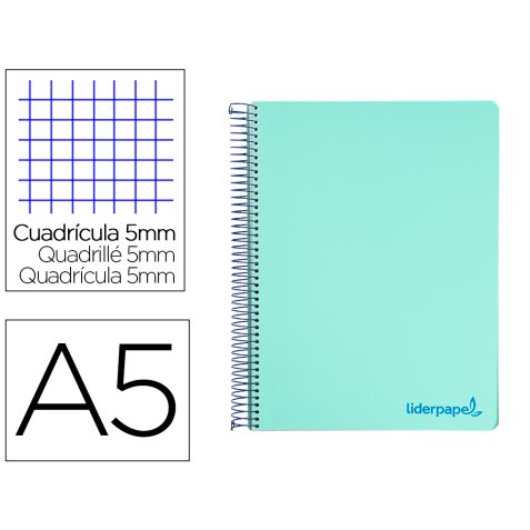 Cuaderno espiral liderpapel a5 micro wonder tapa plastico 120h 90g cuadro 5mm 5 bandas 6 taladro color verde turquesa