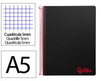 Cuaderno espiral liderpapel a5 micro wonder tapa plastico 120h 90gr cuadro 5mm 5 bandas 6 taladros color negro