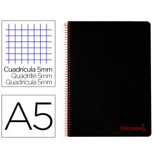 Cuaderno espiral liderpapel a5 micro wonder tapa plastico 120h 90g cuadro 5mm 5 bandas 6 taladros color negro