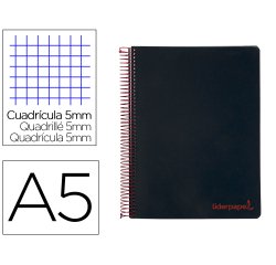 Cuaderno espiral liderpapel a5 micro wonder tapa plastico 120h 90g cuadro 5mm 5 bandas 6 taladros color negro