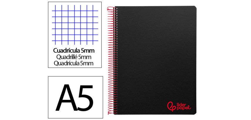 Cuaderno espiral liderpapel a5 micro wonder tapa plastico 120h 90gr cuadro 5mm 5 bandas 6 taladros color negro
