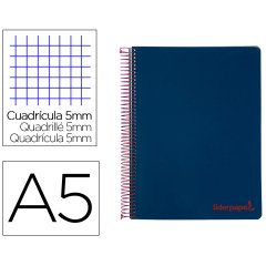 Cuaderno espiral liderpapel a5 micro wonder tapa plastico 120h 90g cuadro 5mm 5 bandas 6 taladros color azul marino