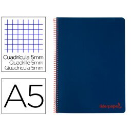 Cuaderno espiral liderpapel a5 micro wonder tapa plastico 120h 90g cuadro 5mm 5 bandas 6 taladros color azul marino