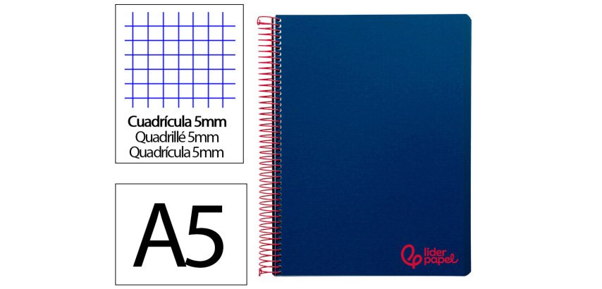 Cuaderno espiral liderpapel a5 micro wonder tapa plastico 120h 90gr cuadro 5mm 5 bandas 6 taladros color azul marino