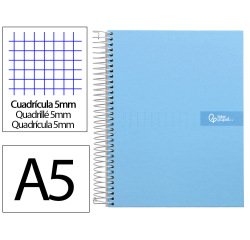 Cuaderno espiral liderpapel a5 micro crafty tapa forrada 120h 90gr cuadro 5mm 5 bandas 6 taladros color celeste