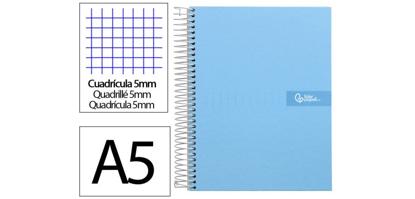 Cuaderno espiral liderpapel a5 micro crafty tapa forrada 120h 90gr cuadro 5mm 5 bandas 6 taladros color celeste