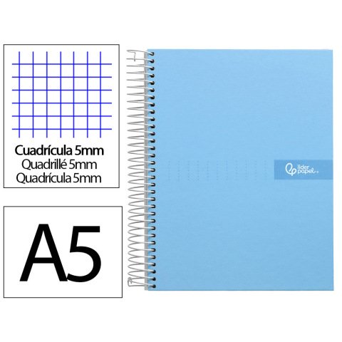 Cuaderno espiral liderpapel a5 micro crafty tapa forrada 120h 90gr cuadro 5mm 5 bandas 6 taladros color celeste