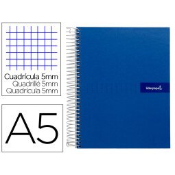 Cuaderno espiral liderpapel a5 micro crafty tapa forrada 120h 90 gr cuadro 5mm 5 bandas6 taladros color azul