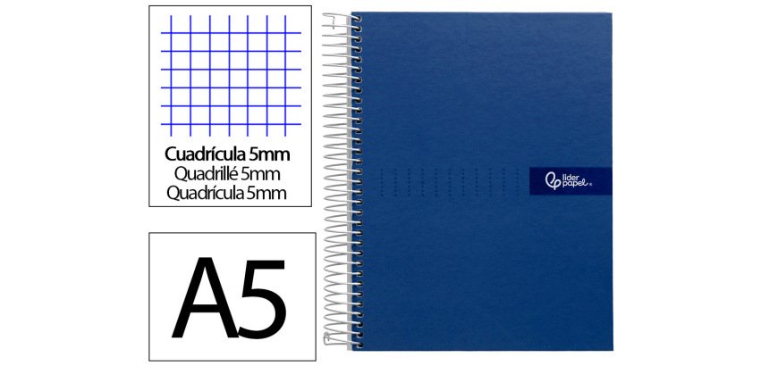 Cuaderno espiral liderpapel a5 micro crafty tapa forrada 120h 90gr cuadro 5mm 5 bandas 6 taladros color azul